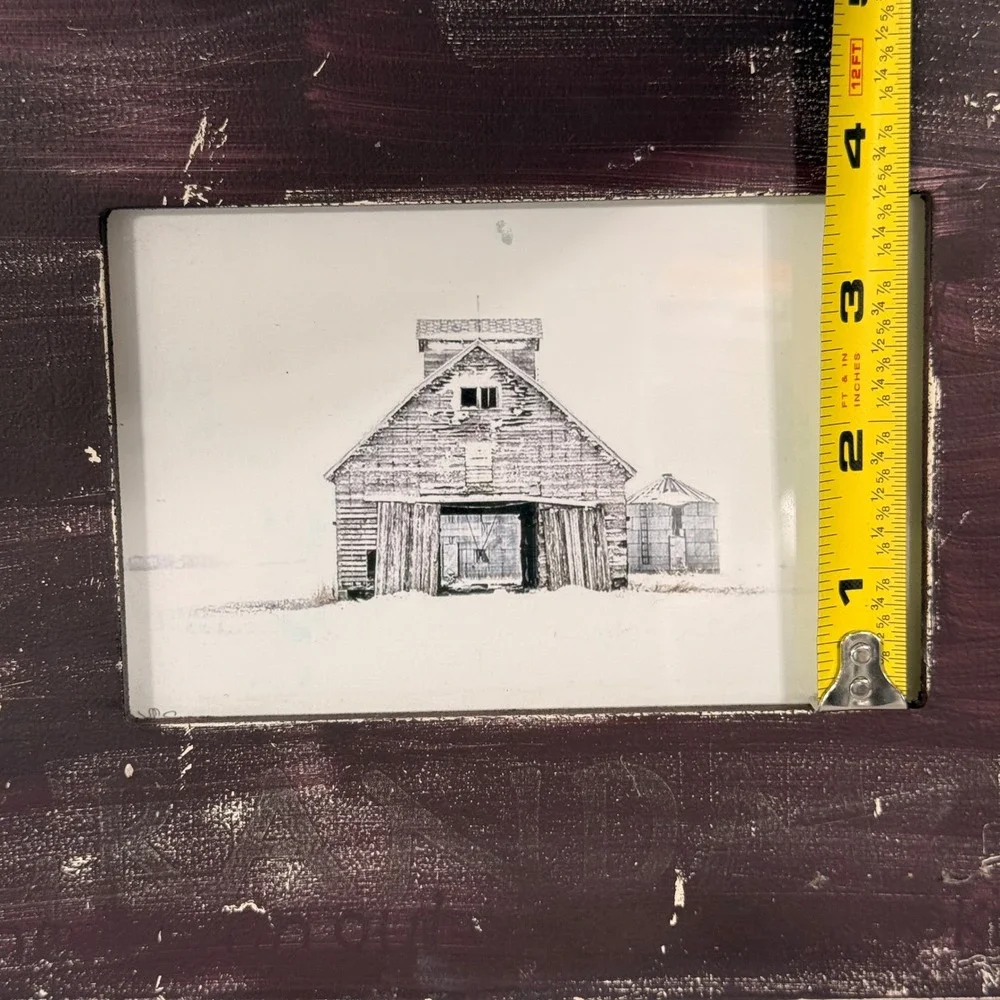 Rustic Farmhouse Barn Art Print Distressed Hand Painted Burgundy Frame 8x9.5